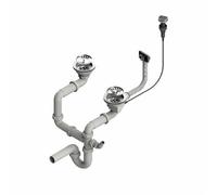 QLS Sifone automatico a doppia vasca per lavello della cucina | scarico salvaspazio 3 1/2 pollici | con tubi di scarico e collegamento per lavastoviglie o lavatrice | oro e PVC (cromato)