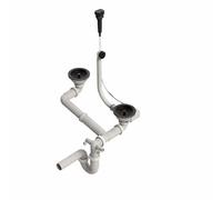 QLS Sifone automatico a doppia vasca per lavello della cucina | scarico salvaspazio 3 1/2 pollici | con aste di scarico e collegamento per lavastoviglie o lavatrice | oro e PVC (nero)