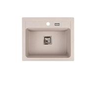 QLS YORK - Lavello da incasso in granito, 59 x 50 cm, 1 vasca, beige, con sifone, stencil e garanzia - antigraffio e resistente al calore - per armadi da 60 cm - in confezione resistente al trasporto