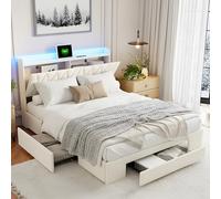 QLTXYHML Letto 140 x 190 con rete, testiera con illuminazione a LED, porte USB/Type-C e ripostiglio incorporato, 3 cassetti, con telaio letto in metallo, per adulti e adolescenti (beige, 140 x 190 cm)
