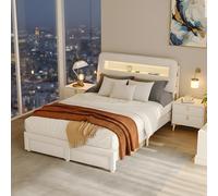 QLTXYHML Letto 140 x 200, 2 persone, 2 cassetti, testiera multifunzionale con custodia, illuminazione a LED e porte USB/Type-C, rete a doghe e telaio letto in metallo (beige, 140 x 200 cm)