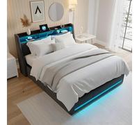 QLTXYHML Letto 140 x 200 cm, letto matrimoniale con illuminazione a LED RGB, testiera con vano portaoggetti e porte USB/Type-C, con rete a doghe e telaio in metallo, sollevamento idraulico (grigio