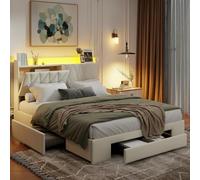 QLTXYHML Letto 140 x 200 con rete a LED, testiera con illuminazione a LED, porte USB/Type-C e ripostiglio incorporato, 3 cassetti, con telaio letto in metallo, per adulti e adolescenti (beige, 140 x