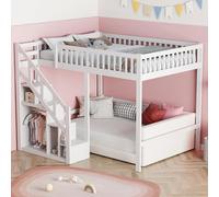 QLTXYHML Letto a castello per bambini, 140 x 200 cm, letto a soppalco a 2 posti con scale, letto capanna per bambini con multifunzione, armadietti, corrimano stabile, senza materasso, protezione