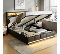 QLTXYHML Letto baule 140 x 200, 2 persone con illuminazione a LED RGB e porte USB, telaio letto con rete a doghe, testiera con mensola, per adulti e adolescenti (nero, 140 x 200 cm)