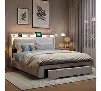 QLTXYHML Letto baule 160 x 200, 2 persone, testiera con custodia, illuminazione a LED e ricarica USB, 2 cassetti, con rete a doghe e telaio per letto in metallo (beige, 160 x 200 cm)