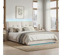 QLTXYHML Letto baule 160 x 200 con illuminazione a LED, letto matrimoniale imbottito con contenitore idraulico, testiera con tasche laterali di stoccaggio, rete a doghe inclusa (beige, 160 x 200 cm)