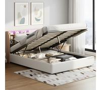 QLTXYHML Letto baule 160 x 200, letto matrimoniale con illuminazione a LED, testiera con ripiano e contenitore nascosto, telaio letto con rete sollevabile idraulica (bianco, 160 x 200 cm)