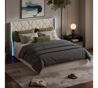 QLTXYHML Letto cassaforte, 160 x 200, letto matrimoniale con illuminazione a LED RGB, rete sollevabile idraulica e ampio spazio di archiviazione, con rete a doghe e telaio letto in metallo (beige, 160