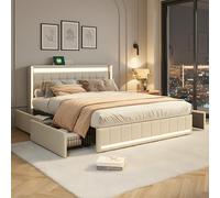 QLTXYHML Letto matrimoniale 140 x 190, letto imbottito, testiera con illuminazione a LED e ricarica USB, 4 cassetti, rete a doghe e telaio letto in metallo, per adulti e adolescenti (beige, 140 x 190