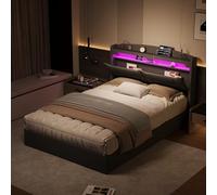 QLTXYHML Letto matrimoniale 140 x 200 cm con LED RGB e porte USB, testiera con vano portaoggetti integrato e cassaforte a gas, tessuto grigio confortevole, ideale per camera da letto (grigio chiaro