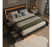 QLTXYHML Letto matrimoniale 140 x 200, letto imbottito, testiera con illuminazione a LED e ricarica USB, 4 cassetti, rete a doghe e telaio per letto in metallo, per adulti e adolescenti (grigio scuro