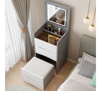 QLYFWLKQ Scrivania con specchio ribaltabile e luce a LED, tavolo da toeletta con 3 cassetti, tavolino da trucco con sgabello imbottito, per camera da letto (grigio, 48 x 40 x 82 cm)