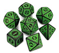QMAY Set di dadi poliedrici DND - 7 pezzi per Dungeon e Dragons MTG RPG D&D D20, D12, D10, D%, D8, D6, D4 (Motivi incisi verdi)