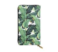 QmeNa Pochette lunga in pelle con foglie di palma tropicale con banana e cerniera per appuntamenti, viaggi, shopping, regalo di San Valentino, Nero , Taglia unica