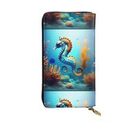 QmeNa Seabed Coral Seahorse Portafoglio lungo in pelle con cerniera per appuntamenti, viaggi, shopping, regalo di San Valentino, Nero , Taglia unica