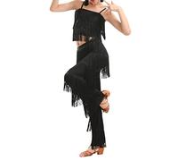 QMIQMI Tassel Latin Dance Dancewear Costumi Ragazze Salsa Samba Sala da Ballo Abito con Frange Pantaloni e Top Set Competizione per Bambini Abito da Ballo Altezza 110-170 cm,Nero,12 Years