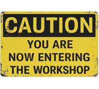 QMKADFQXF Funny Caution Workshop Metal Tin Sign Vintage Wall Plaque Garage Maker Space Industrial Home Decor Gift 8 X 12 in