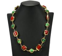 QMKADFQXF Green Glass Red Coral Gold Plated Edge Chain Choker Necklace Women Jewelry Party Gifts