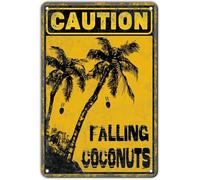 QMKADFQXF Whimsical Caution Falling Coconuts Rustic Tin Sign Weathered Plaque For Surf Shop Island Grill Coastal Cottage Deck 8 X 12 inch