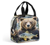 QMKFWT Bear Holding Fish Lunch Bag Durable Insulated Large Gym Lunch Tote Box Portatile a prova di perdite Contenitori per alimenti riutilizzabili Lunchbox per il lavoro Viaggi Picnic
