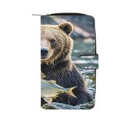 QMKFWT Bear Holding Fish Portafoglio lungo in pelle portafoglio degli assegni portafogli classico bifold da donna pochette con finestra ID
