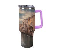 QMKFWT Bella tazza da caffè da viaggio con vista sul canale di Venezia, riutilizzabile, durevole, in acciaio inox, con manico e cannuccia, resistente alle perdite, tazza termica portatile, regalo per