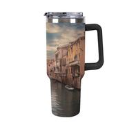QMKFWT Bella tazza da caffè da viaggio con vista sul canale di Venezia, riutilizzabile, durevole, in acciaio inox, con manico e cannuccia, resistente alle perdite, tazza termica portatile, regalo per