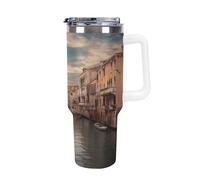 QMKFWT Bella tazza da caffè da viaggio con vista sul canale di Venezia, riutilizzabile, durevole, in acciaio inox, con manico e cannuccia, resistente alle perdite, tazza termica portatile, regalo per
