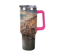 QMKFWT Bella tazza da caffè da viaggio con vista sul canale di Venezia, riutilizzabile, durevole, in acciaio inox, con manico e cannuccia, resistente alle perdite, tazza termica portatile, regalo per