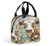 QMKFWT Borsa per il pranzo a forma di mucca e margherita ad acquerello, resistente, isolata, grande, per palestra, portatile, a tenuta stagna, riutilizzabile, per lavoro, viaggi, picnic