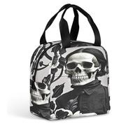 QMKFWT Borsa per il pranzo con fiori e teschio, resistente, isolata, grande, per palestra, portatile, a tenuta stagna, riutilizzabile, per lavoro, viaggi, picnic