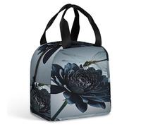 QMKFWT Borsa per il pranzo con fiori neri e libellula, resistente, isolata, grande, per palestra, portatile, a tenuta stagna, riutilizzabile, per lavoro, viaggi, picnic
