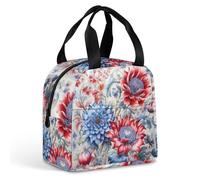 QMKFWT Borsa per il pranzo con fiori rossi e blu, resistente, isolata, grande, per palestra, portatile, a tenuta stagna, riutilizzabile, per lavoro, viaggi, picnic