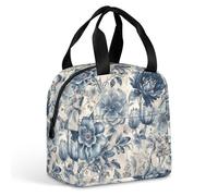 QMKFWT Borsa per il pranzo con motivo floreale blu, resistente e isolata, grande, per palestra, portatile, a tenuta stagna, riutilizzabile, per lavoro, viaggi, picnic