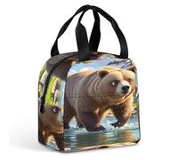 QMKFWT Borsa per il pranzo con orso che attraversa il fiume, resistente, isolata, grande, per palestra, portatile, a tenuta stagna, riutilizzabile, per lavoro, viaggi, picnic