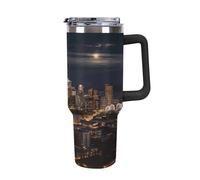QMKFWT City Seattle - Tazza da caffè da viaggio riutilizzabile, durevole, in acciaio inox, con manico e cannuccia, resistente alle perdite, tazza termica portatile, regalo per uomini e donne, 1,18 ml