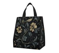 QMKFWT Elegante borsa termica per il pranzo, con fiori neri, pieghevole e riutilizzabile, per uomo e donna