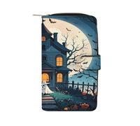 QMKFWT Haunted House Tree Witch - Portafoglio lungo in pelle per Halloween, con libretto degli assegni, classico, bifold da donna, con finestra identificativa