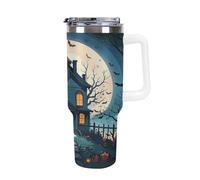QMKFWT Haunted House Tree Witch, tazza da caffè da viaggio per Halloween, riutilizzabile, durevole, in acciaio inox, con manico e cannuccia, resistente alle perdite, tazza termica portatile, regalo