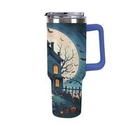 QMKFWT Haunted House Tree Witch, tazza da caffè da viaggio per Halloween, riutilizzabile, durevole, in acciaio inox, con manico e cannuccia, resistente alle perdite, tazza termica portatile, regalo