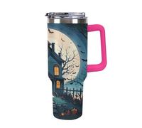 QMKFWT Haunted House Tree Witch, tazza da caffè da viaggio per Halloween, riutilizzabile, durevole, in acciaio inox, con manico e cannuccia, resistente alle perdite, tazza termica portatile, regalo