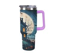 QMKFWT Haunted House Tree Witch, tazza da caffè da viaggio per Halloween, riutilizzabile, durevole, in acciaio inox, con manico e cannuccia, resistente alle perdite, tazza termica portatile, regalo