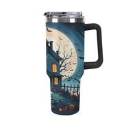 QMKFWT Haunted House Tree Witch, tazza da caffè da viaggio per Halloween, riutilizzabile, durevole, in acciaio inox, con manico e cannuccia, resistente alle perdite, tazza termica portatile, regalo