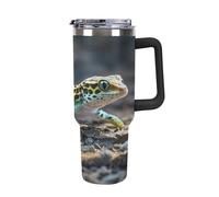 QMKFWT Leopard Little Gecko - Tazza da caffè da viaggio riutilizzabile, durevole, in acciaio inox, con manico e cannuccia, resistente alle perdite, tazza termica portatile, regalo per uomini e donne