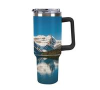 QMKFWT Panorama of The Lake Louise Mountains, tazza da caffè da viaggio riutilizzabile e durevole, in acciaio inox, con manico e cannuccia, resistente alle perdite, tazza termica portatile, regalo per