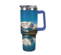 QMKFWT Panorama of The Lake Louise Mountains, tazza da caffè da viaggio riutilizzabile e durevole, in acciaio inox, con manico e cannuccia, resistente alle perdite, tazza termica portatile, regalo per