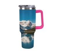 QMKFWT Panorama of The Lake Louise Mountains, tazza da caffè da viaggio riutilizzabile e durevole, in acciaio inox, con manico e cannuccia, resistente alle perdite, tazza termica portatile, regalo per