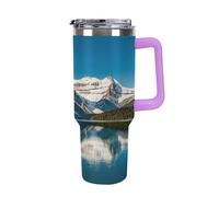 QMKFWT Panorama of The Lake Louise Mountains, tazza da caffè da viaggio riutilizzabile e durevole, in acciaio inox, con manico e cannuccia, resistente alle perdite, tazza termica portatile, regalo per