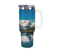 QMKFWT Panorama of The Lake Louise Mountains, tazza da caffè da viaggio riutilizzabile e durevole, in acciaio inox, con manico e cannuccia, resistente alle perdite, tazza termica portatile, regalo per